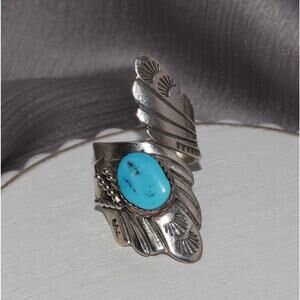 Navajo RB Sterling Silver Turquoise Feather Ring 9.01G / Sz 8